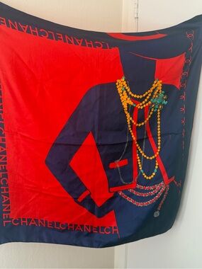 CHANEL Red and Navy Graphic Chain Motif Silk Scarf